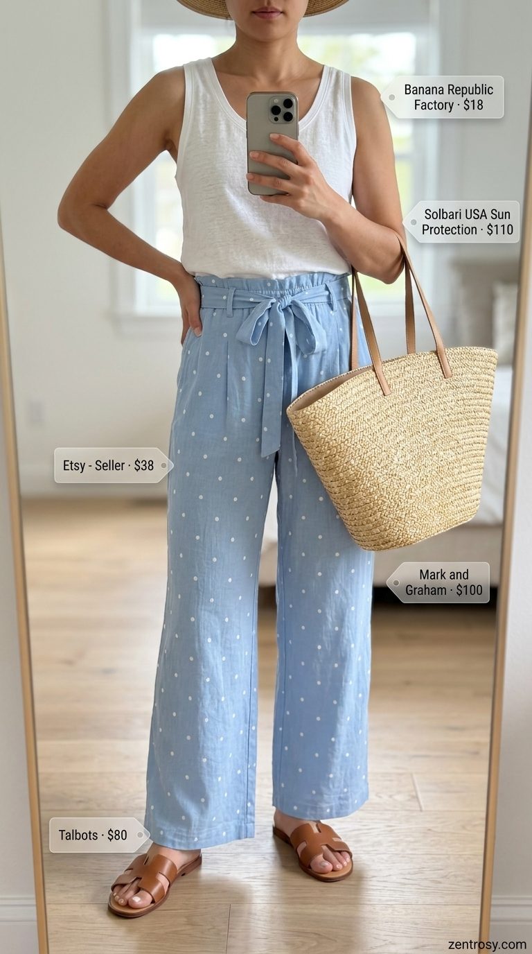 Relaxed light blue polka dot linen pants for a coastal summer outfit 2026.