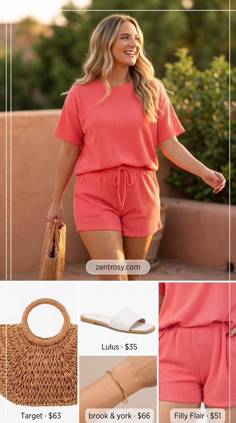 Feminine summer polka dots outfits 2026: Coral and white polka dot shorts set, straw tote, white sandals, gold bangle.