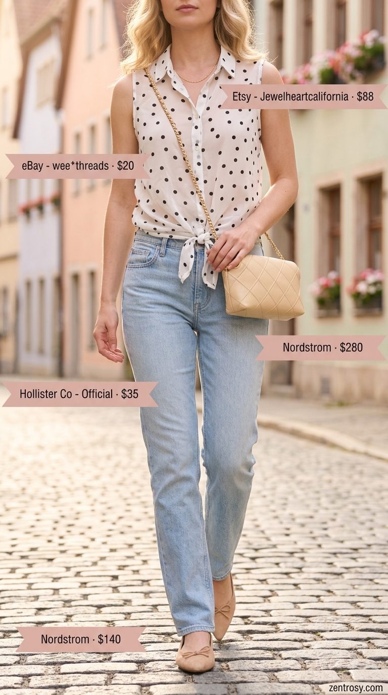 Feminine summer polka dots outfits 2026: Cream chiffon polka dot blouse, light blue jeans, nude ballet flats, crossbody bag.