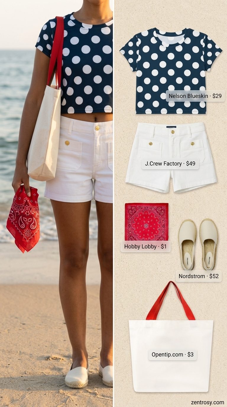 Feminine summer polka dots outfits 2026: Navy polka dot crop top with white sailor shorts, espadrilles & bandana.