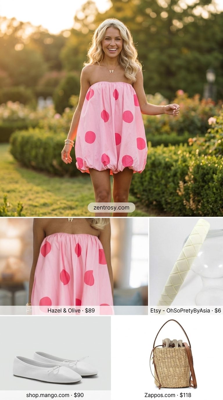 Sweet blush pink floral and polka dot mini dress for a garden party outfit 2026.