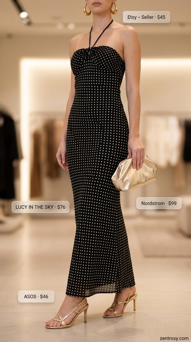 Feminine summer polka dots outfits 2026: Black halter maxi dress with white polka dots, gold sandals & clutch for evening.