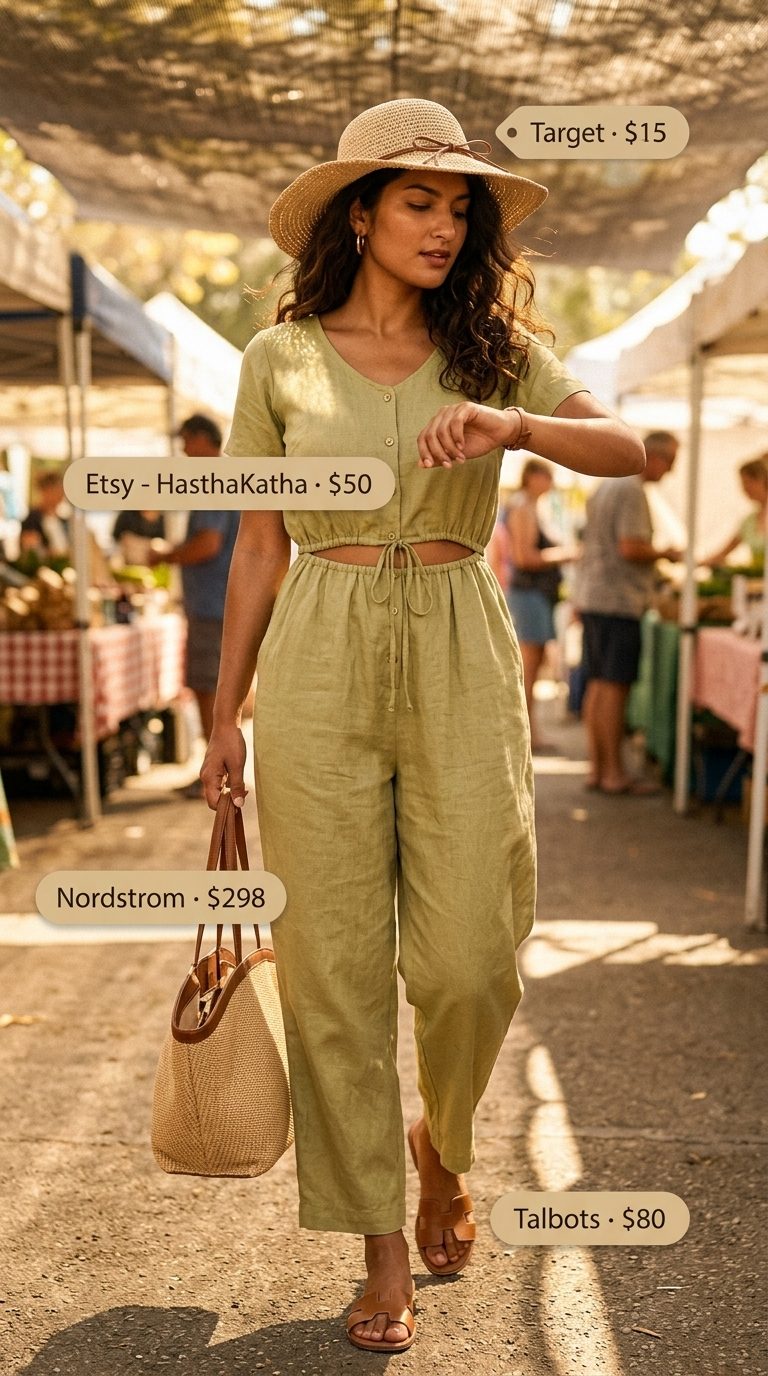 Feminine summer polka dots outfits 2026: Olive green linen jumpsuit with white polka dots, straw hat & slides for travel.