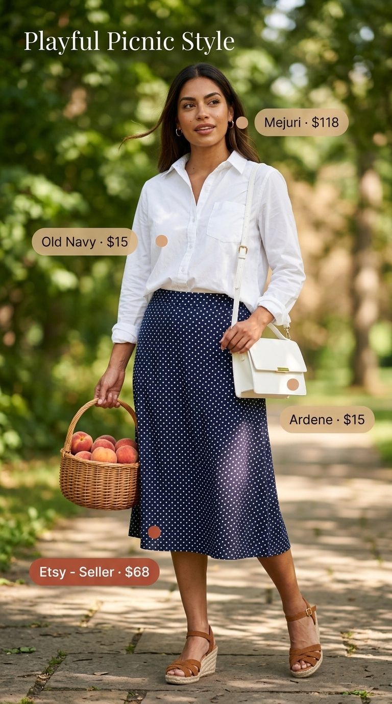 Feminine summer polka dots outfits 2026: Navy polka dot midi skirt, white button-down shirt & espadrilles for picnic.