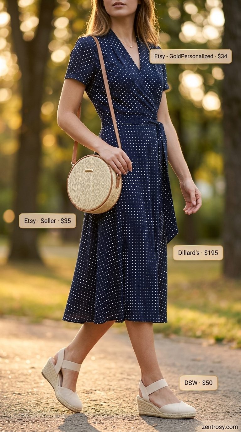 Feminine summer polka dots outfits 2026: Navy and white polka dot midi dress, espadrille wedges, straw crossbody bag, gold necklace.