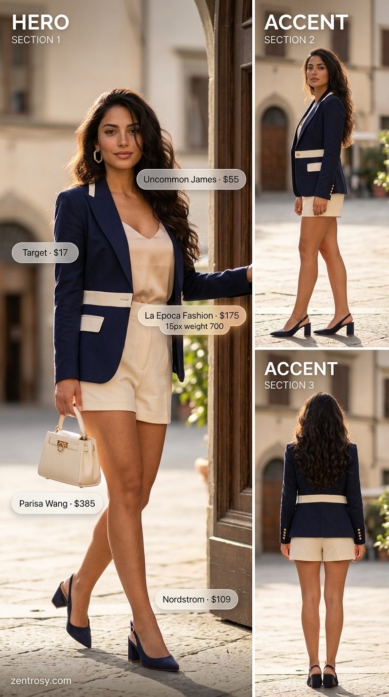 Feminine summer polka dots outfits 2026: Navy and cream polka dot shorts suit, satin cami, slingbacks, statement earrings.