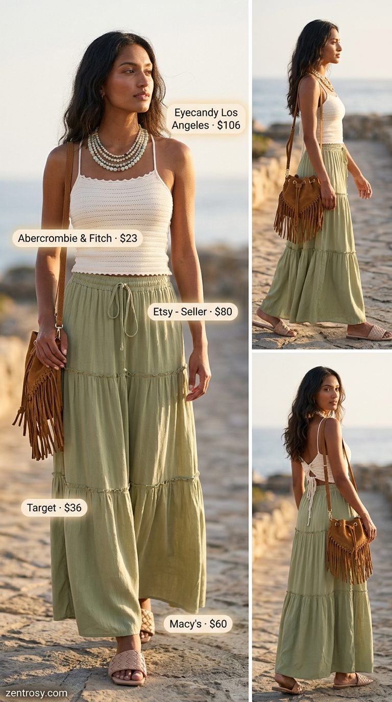 Feminine summer polka dots outfits 2026: Olive green maxi skirt with cream polka dots, crochet top, layered necklaces.