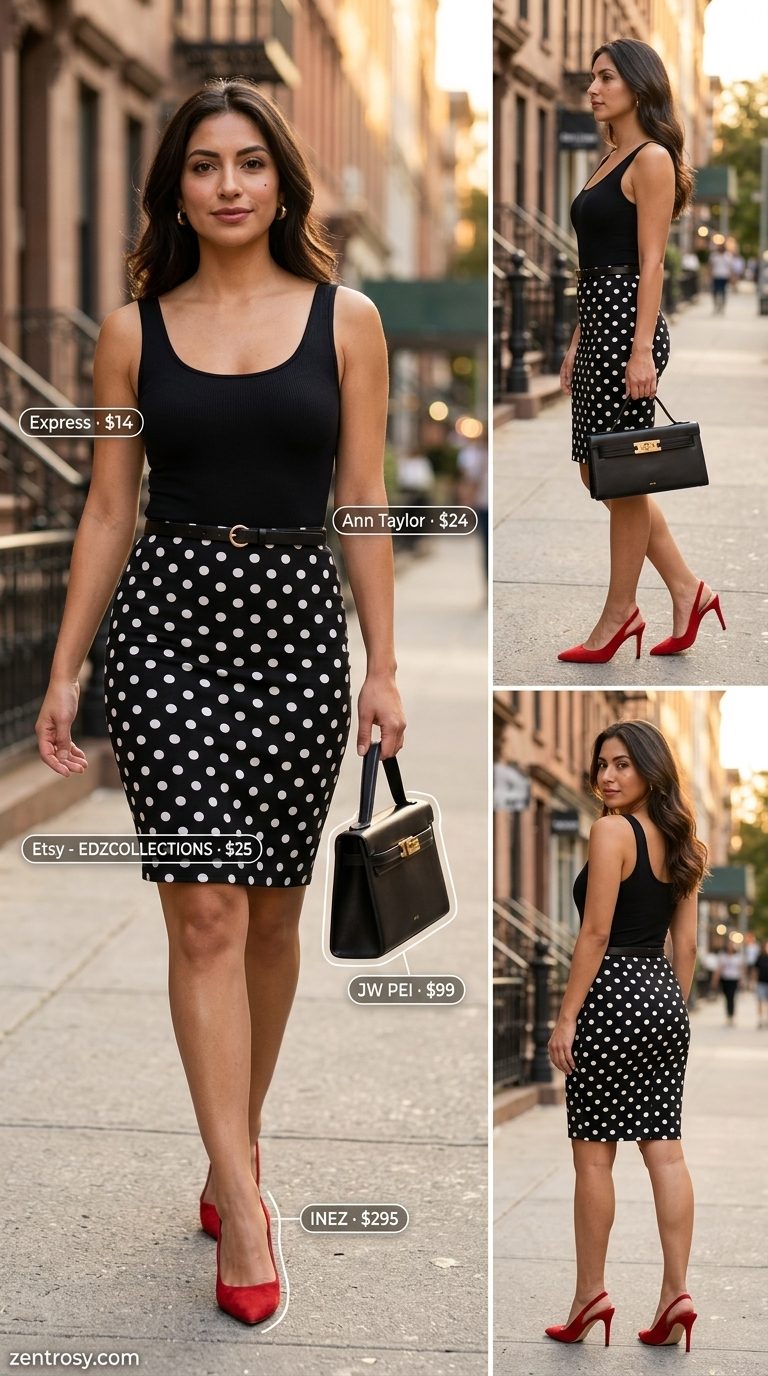 Feminine summer polka dots outfits 2026: Black pencil skirt with white polka dots, red heels & black bodysuit for city.