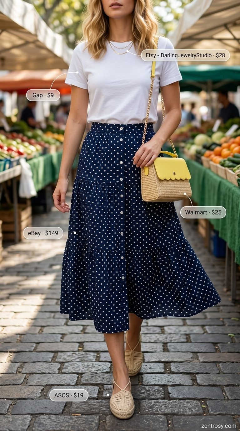 Playful navy blue polka dot midi skirt for a picnic outfit 2026.