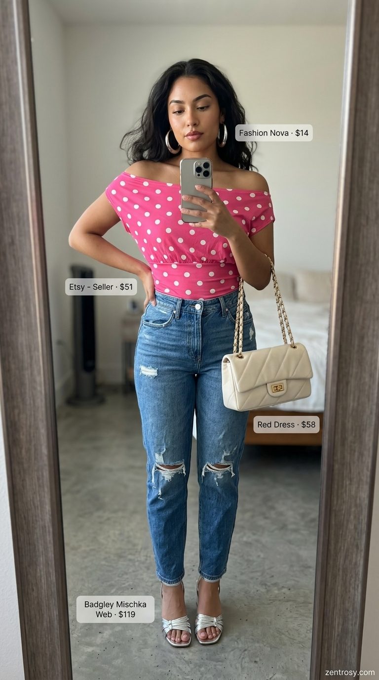 Hot pink polka dot matching set for a summer party outfit 2026. Features a cropped top and shorts.