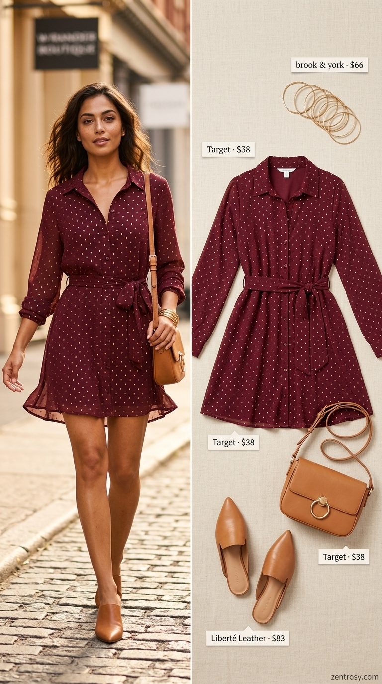 Effortless burgundy polka dot shirt dress for a casual summer day 2026.