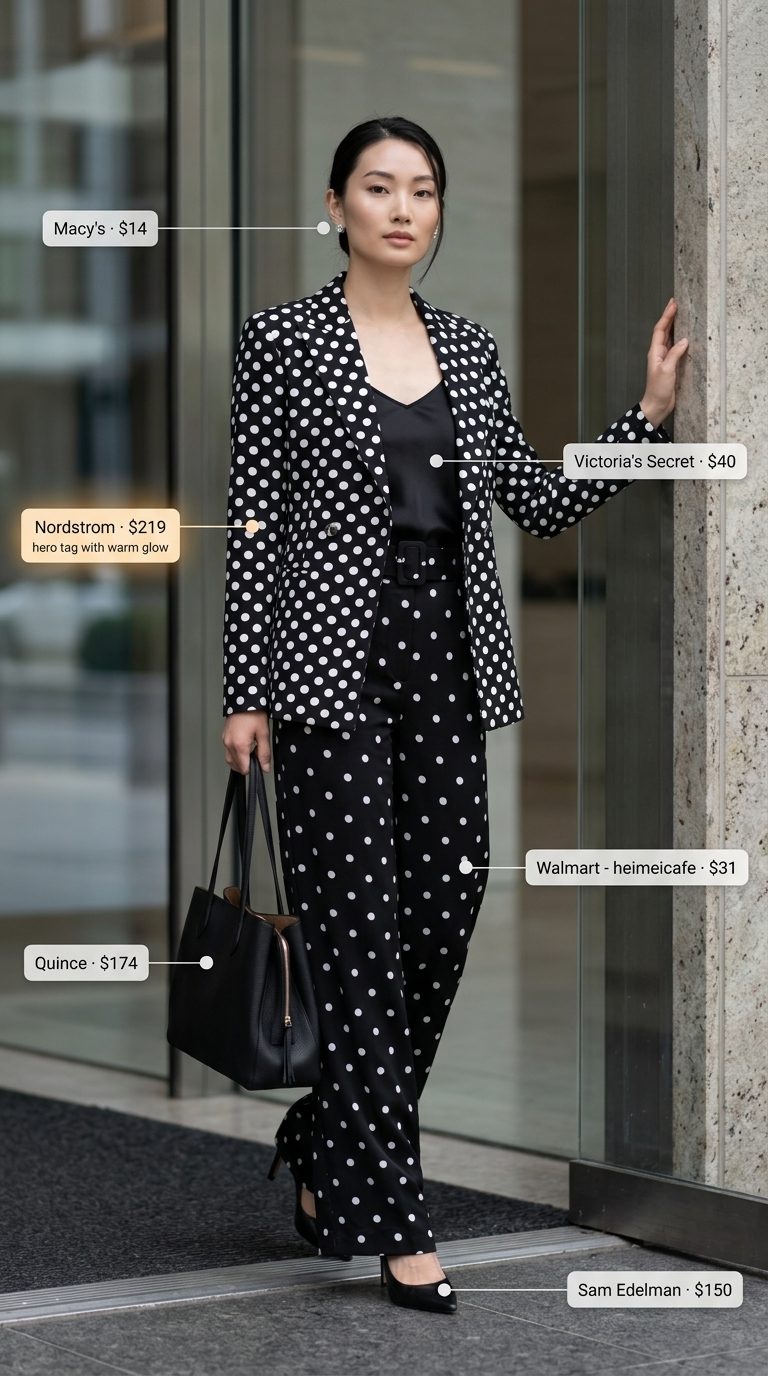 Feminine summer polka dots outfits 2026: Black polka dot power suit with white camisole & pointed heels for office.