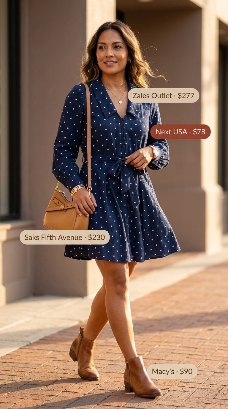 Classic navy blue polka dot shirt dress for a polished casual look 2026.