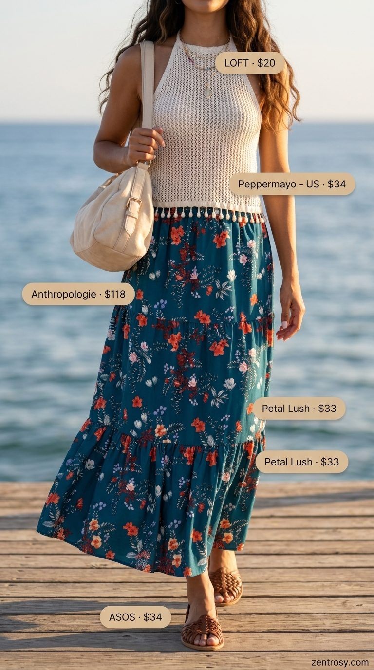 Feminine summer polka dots outfits 2026: Teal and coral mixed print maxi skirt, cream crochet halter, layered necklaces.