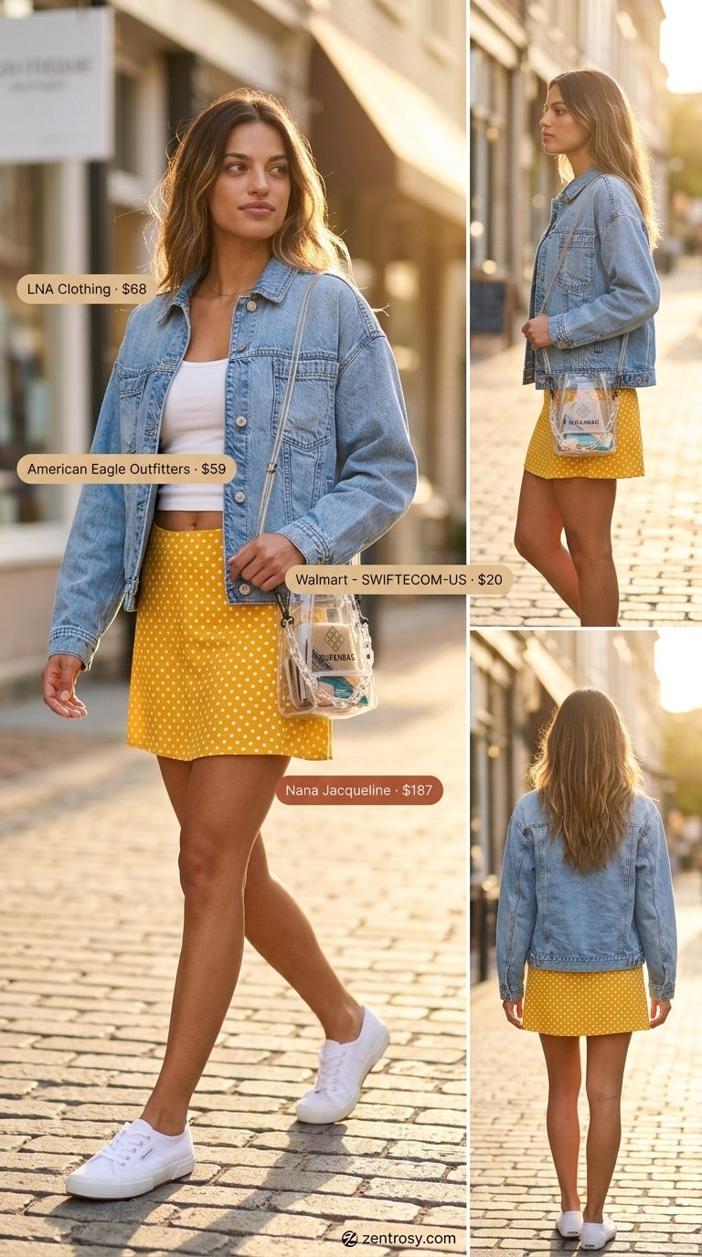 Feminine summer polka dots outfits 2026: Yellow and white polka dot mini skirt, white tank, denim jacket, canvas sneakers.