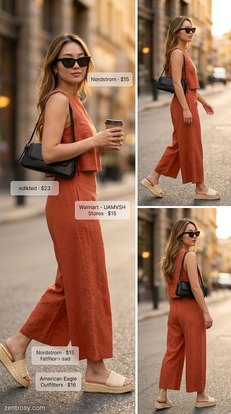 Flattering Midsize Outfits Summer 2026: Artsy Cafe Style Flattering midsize outfits summer 2026: Terracotta linen set, espadrilles, cat-eye sunglasses for cafe visits.