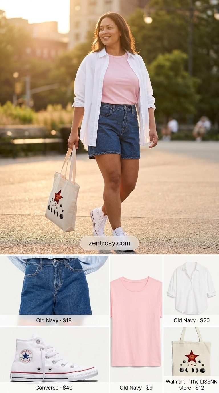 Flattering Midsize Outfits Summer 2026: Casual City Style Flattering midsize outfits summer 2026: High-waisted denim shorts, white tank, oversized shirt for casual city days.