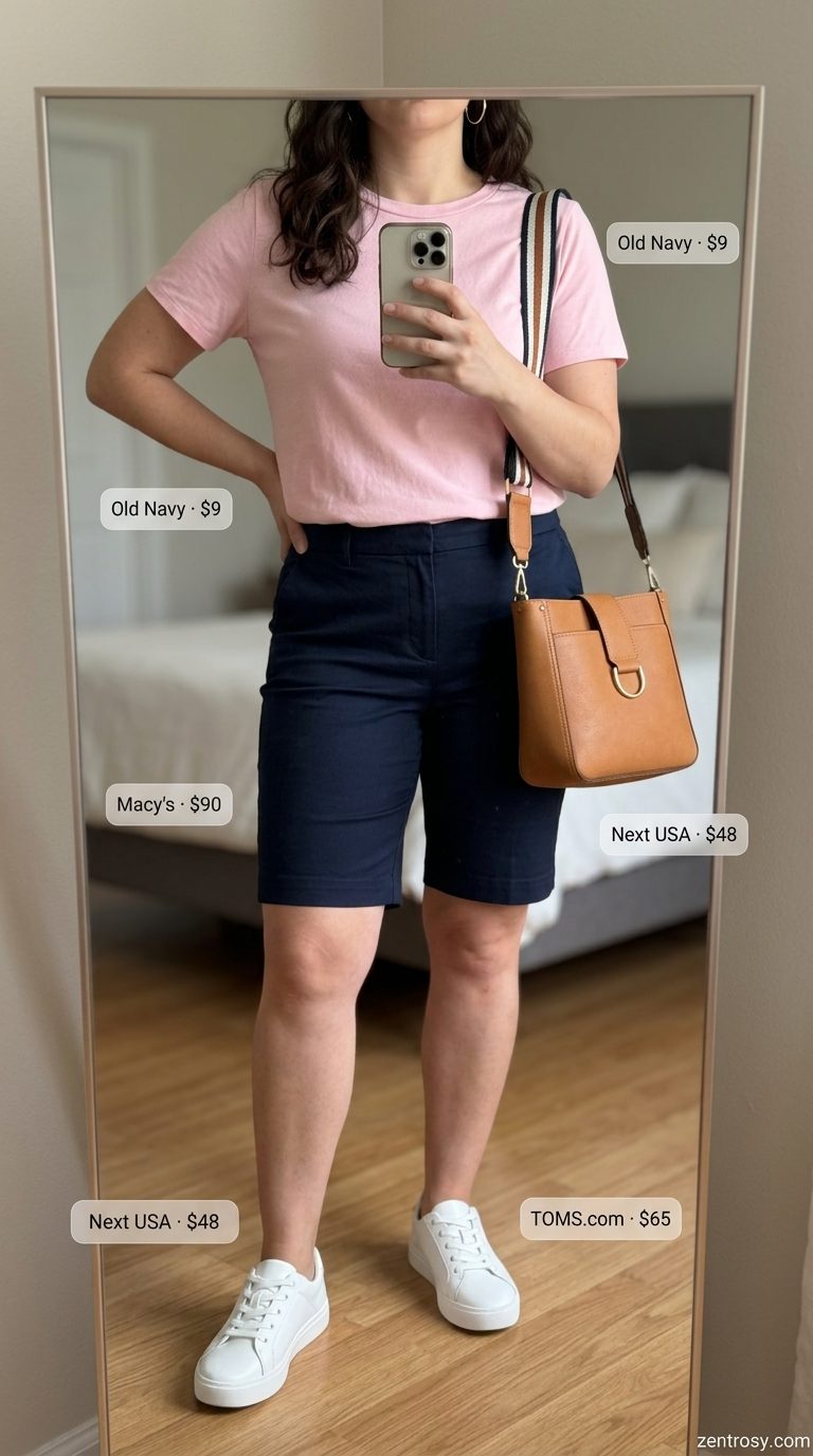 Flattering Midsize Outfits Summer 2026: City Explorer Chic Flattering midsize outfits summer 2026: Navy shorts, white oversized shirt, tan crossbody bag for city exploration.