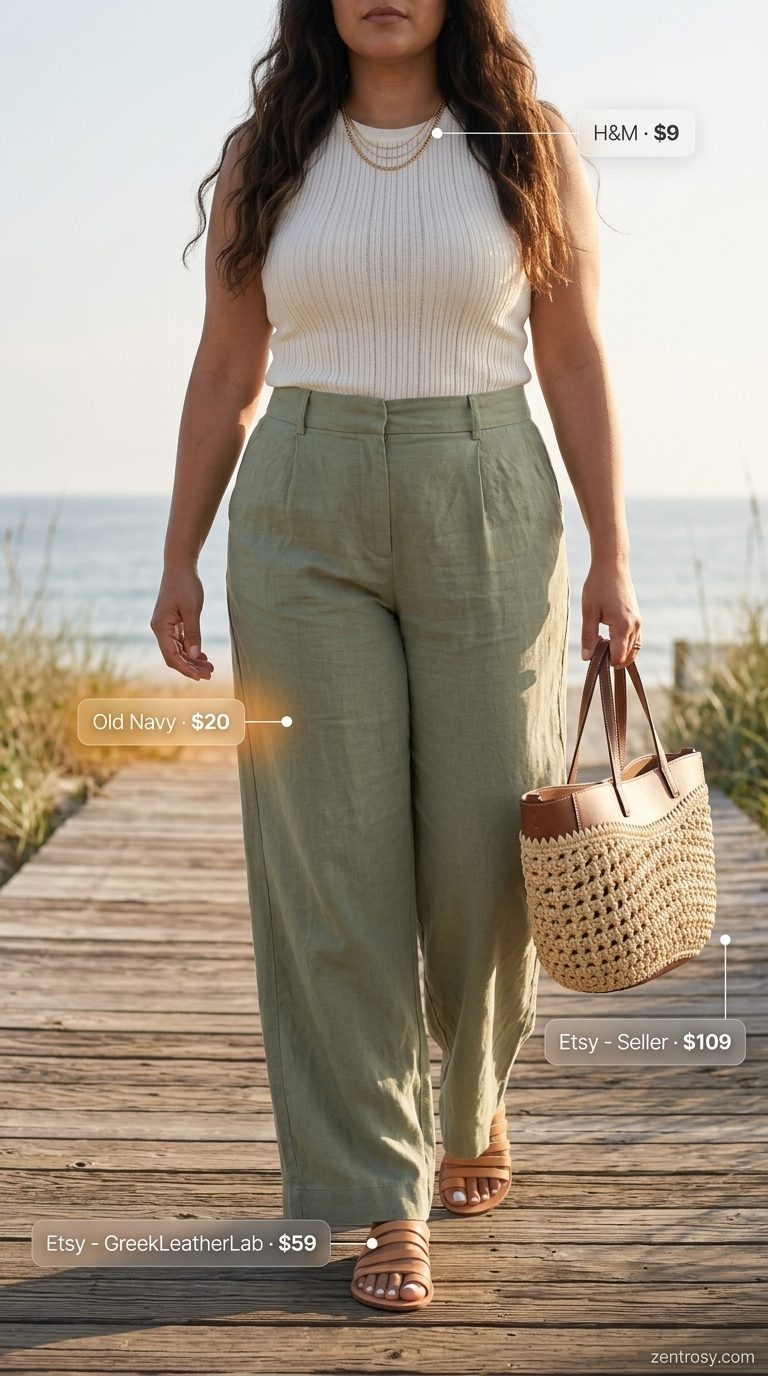 Flattering Midsize Outfits Summer 2026: Coastal Getaway Flattering midsize outfits summer 2026: Sage green wide-leg pants, cream tank, straw bag for coastal getaways.