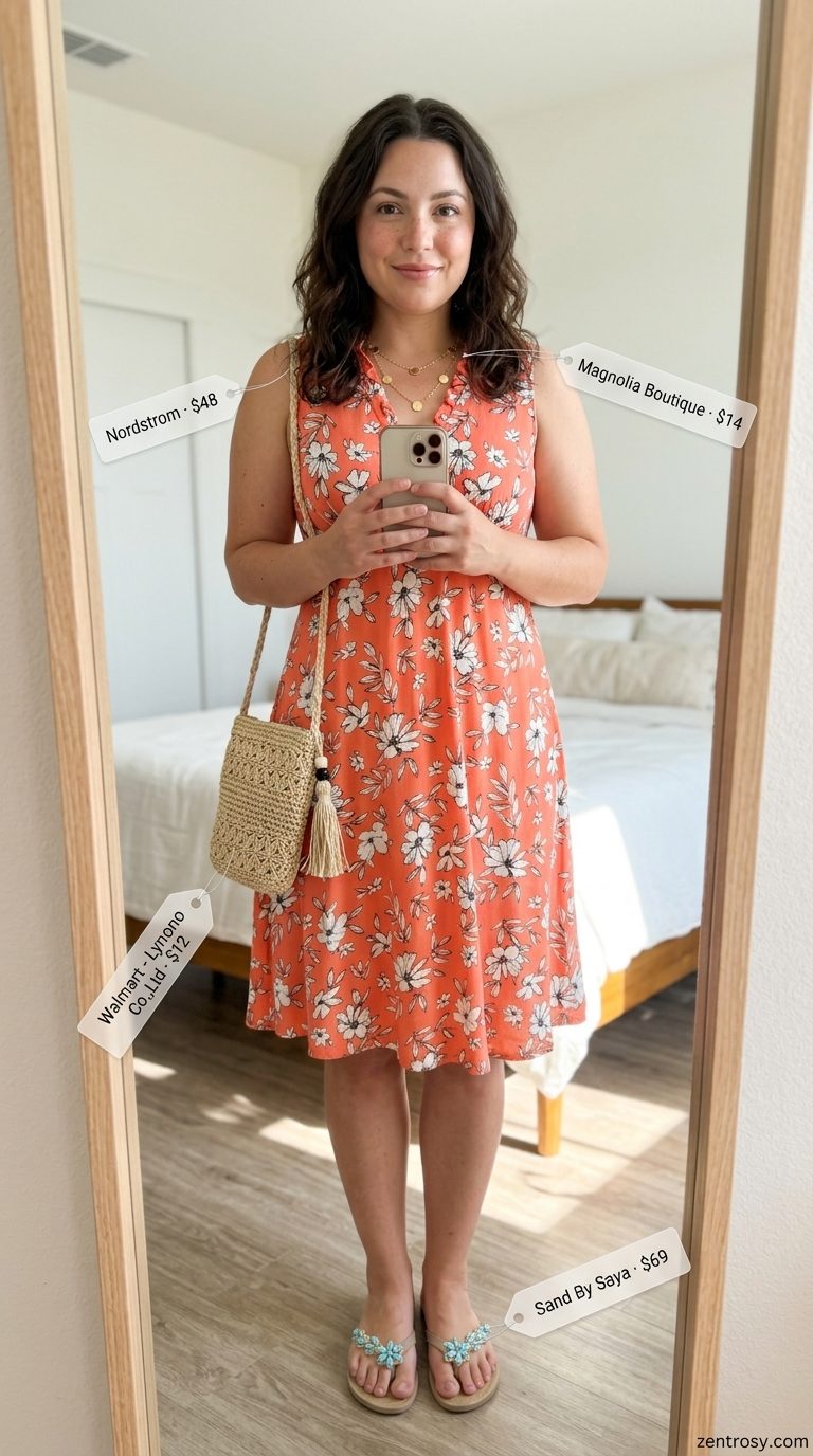 Flattering Midsize Summer Outfits 2026: Coral Maxi Dress Flattering midsize outfits summer for women 2026: Coral maxi dress with turquoise print for a bohemian beach vacation.