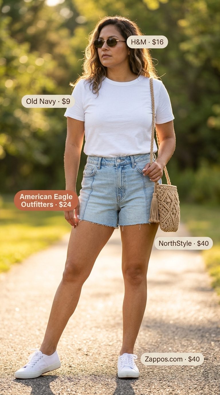 Casual Shorts Outfits for Women 2026 Flattering midsize outfits summer for women 2026: Denim shorts, graphic tee, sneakers for casual errands.