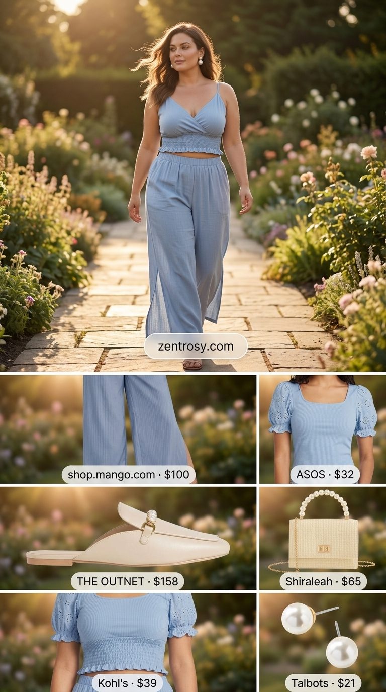 Flattering Midsize Outfits Summer 2026: Garden Party Refresh Flattering midsize outfits summer 2026: Lavender linen pants, white puff sleeve blouse for garden parties.