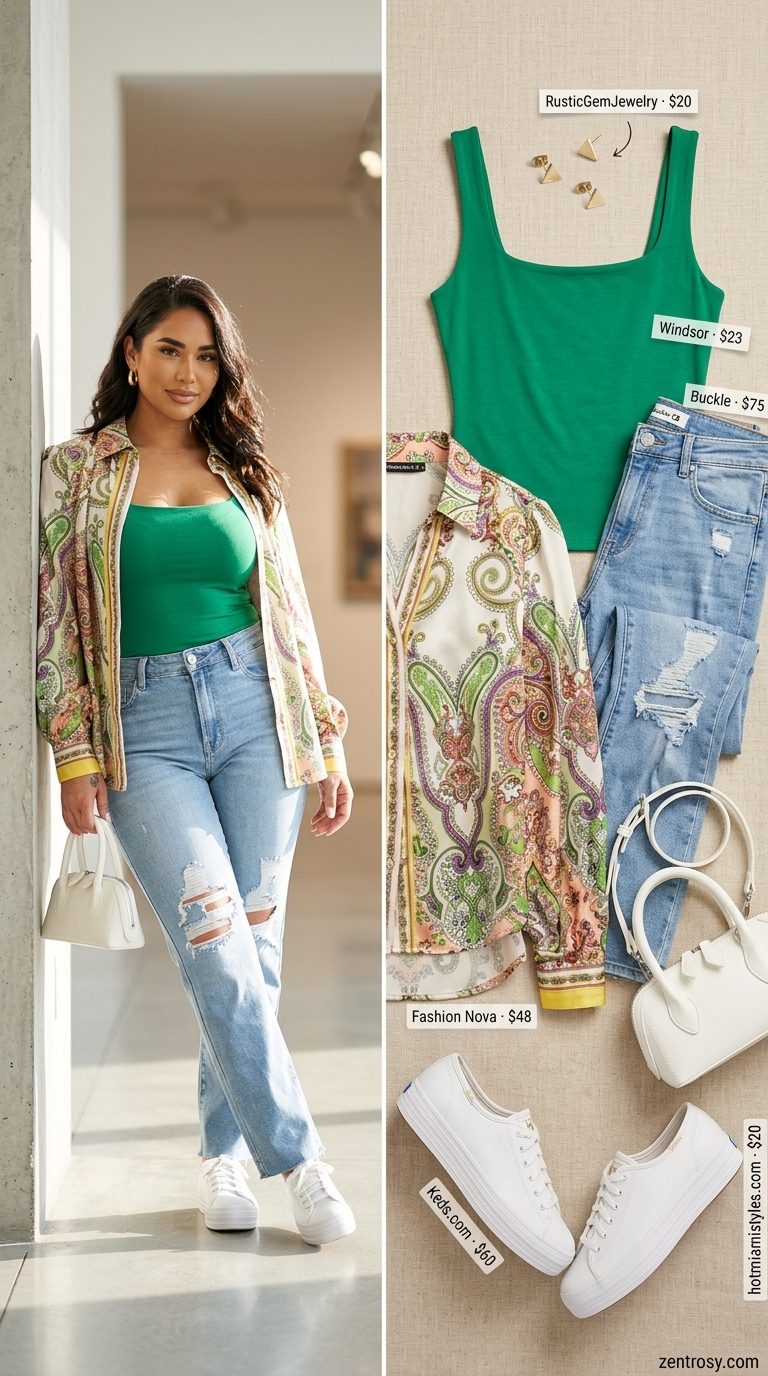 Flattering Midsize Summer Outfits 2026: Green Top Flattering midsize outfits summer for women 2026: Green knit top with denim jeans and white sneakers for a trendy gallery look.
