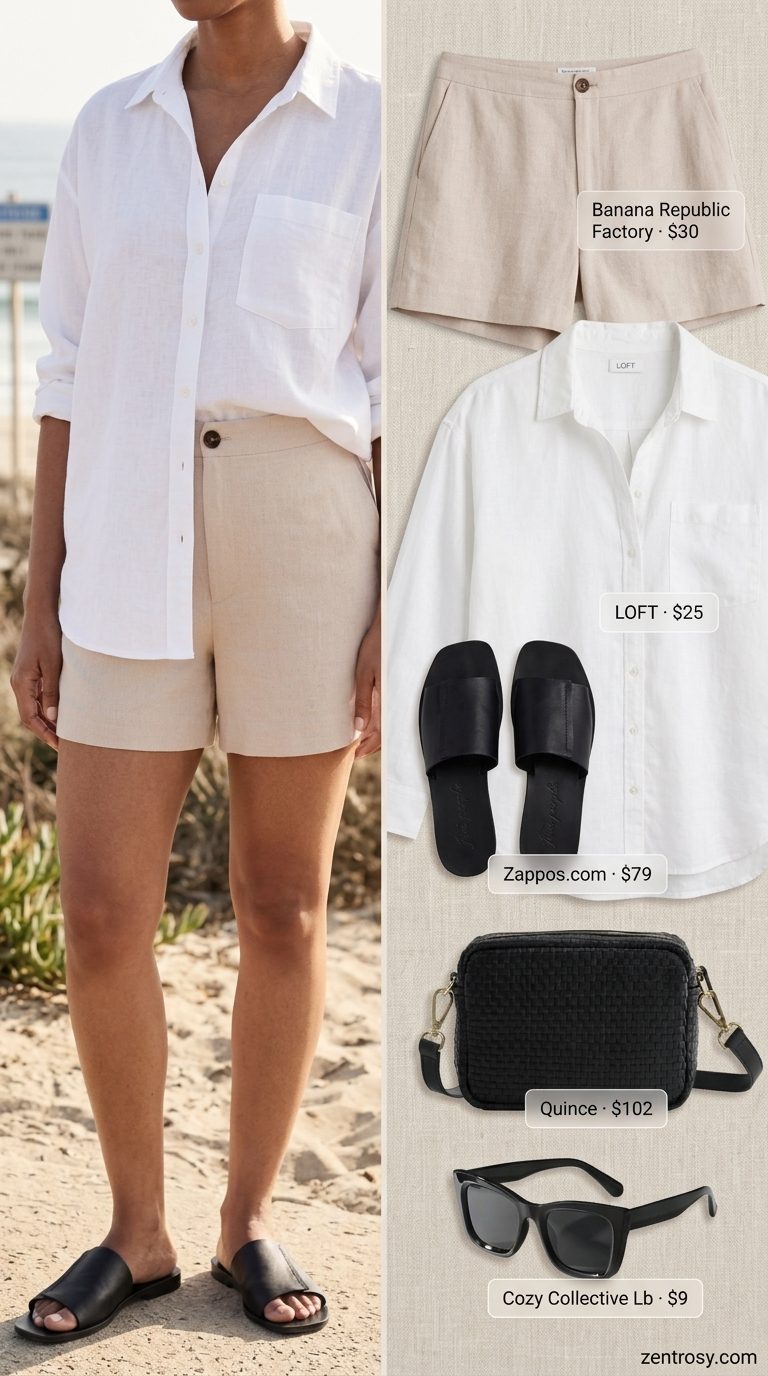 Flattering Midsize Summer Outfits 2026: Khaki Shorts Flattering midsize outfits summer for women 2026: Khaki linen shorts with oversized white shirt for relaxed coastal brunch.