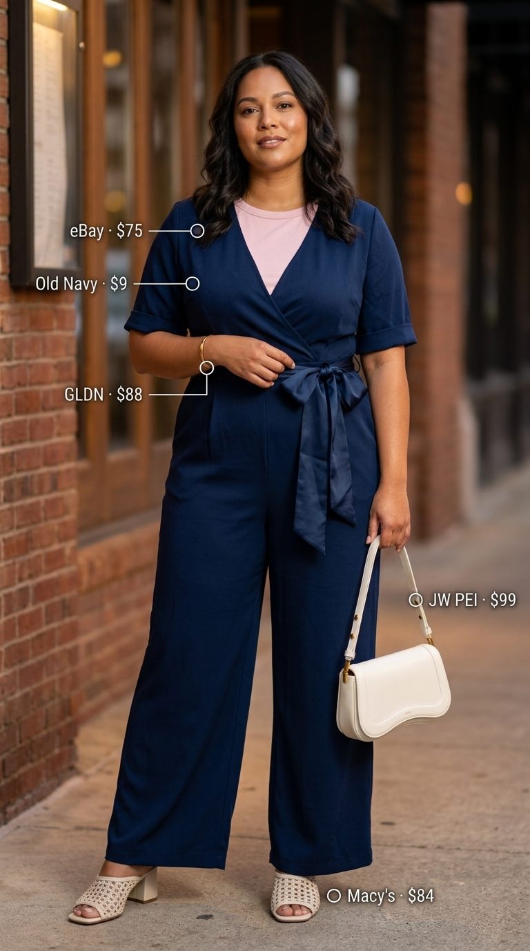 Elegant Jumpsuit Outfits for Women 2026 Flattering midsize outfits summer for women 2026: Navy wide-leg jumpsuit, white mules, gold jewelry for evening events.