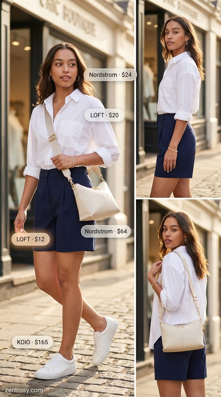 Chic Shorts Outfits for Women 2026 Flattering midsize outfits summer for women 2026: Navy shorts, white shirt, sneakers for city brunch.