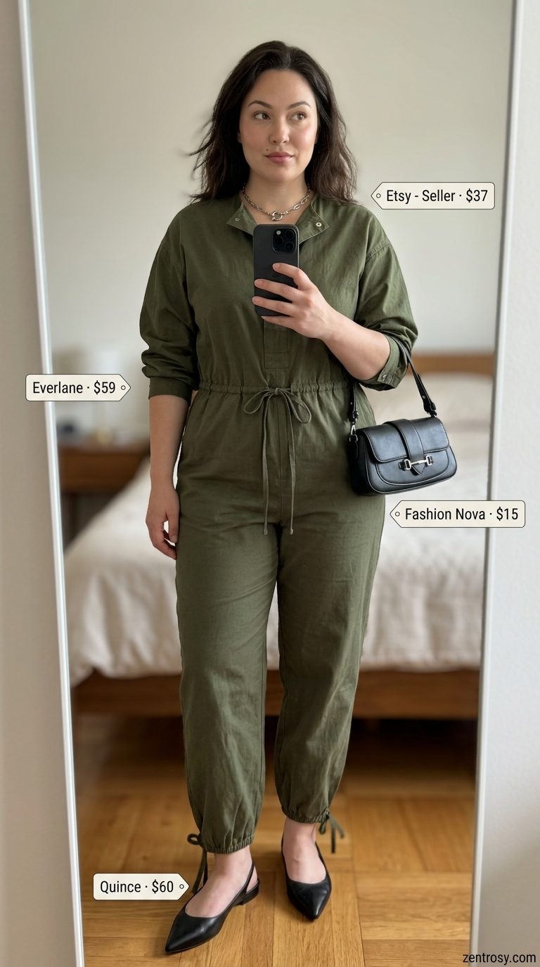 Flattering Midsize Summer Outfits 2026: Olive Jumpsuit Flattering midsize outfits summer for women 2026: Olive green utility jumpsuit with black mules for an edgy urban look.