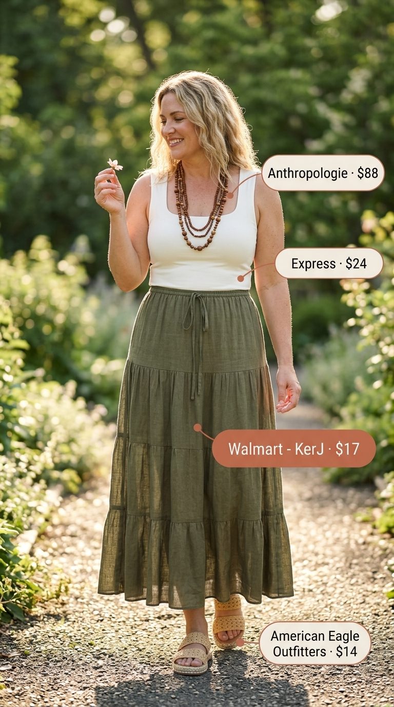 Boho Skirt Outfits for Women 2026 Flattering midsize outfits summer for women 2026: Olive maxi skirt, ivory tank, woven tote for beach vacation.