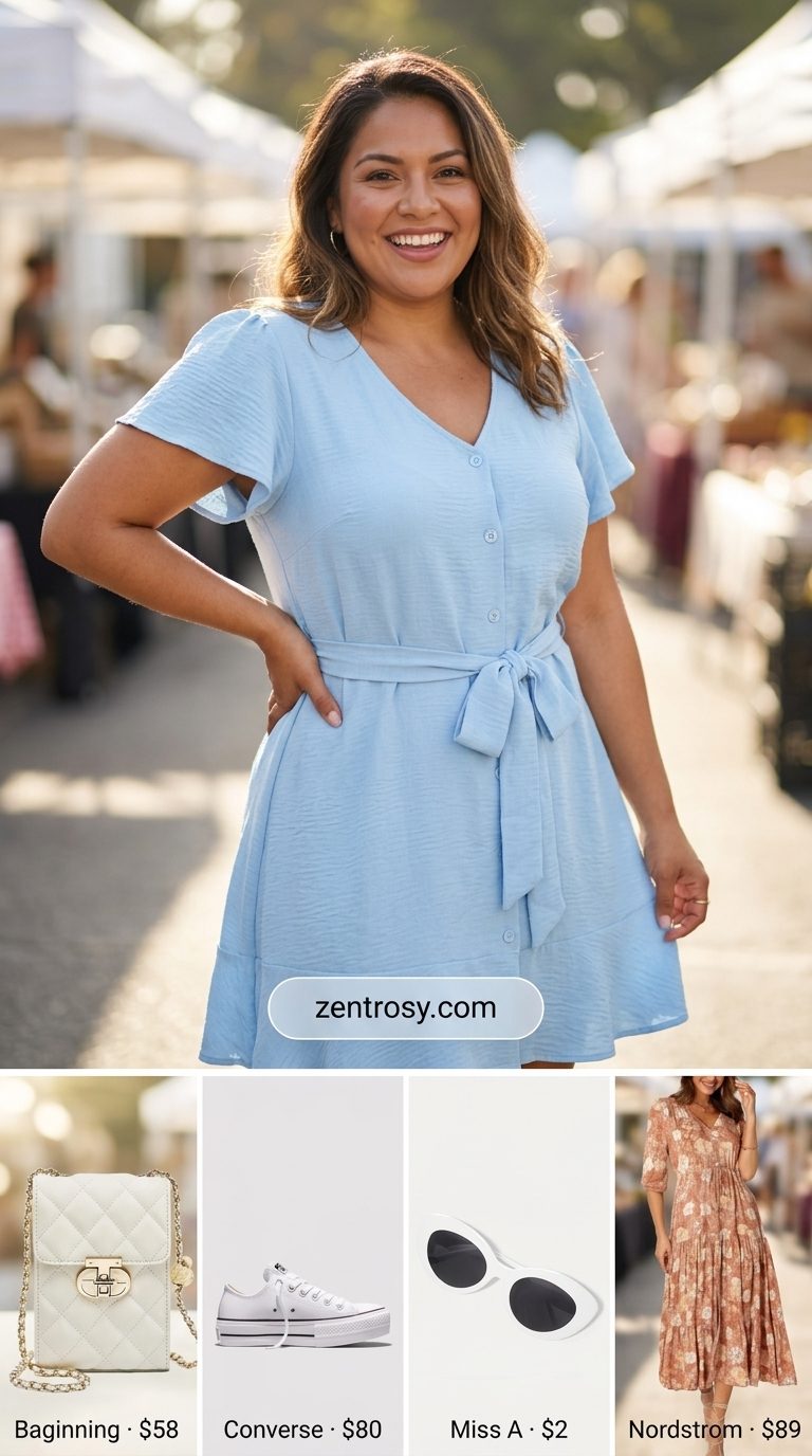 Flattering Midsize Outfits Summer 2026: Playful Day Out Flattering midsize outfits summer 2026: Sky blue shirt dress, white sneakers for playful days.
