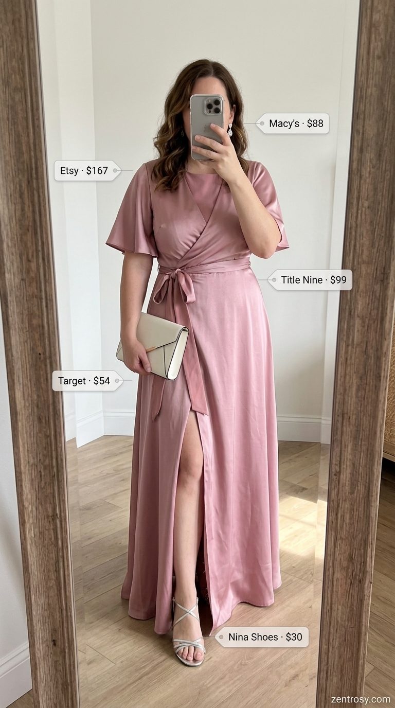 Flattering Midsize Outfits Summer 2026: Garden Party Dress Flattering midsize outfits summer 2026: Dusty rose midi wrap dress, silver heels for garden parties.