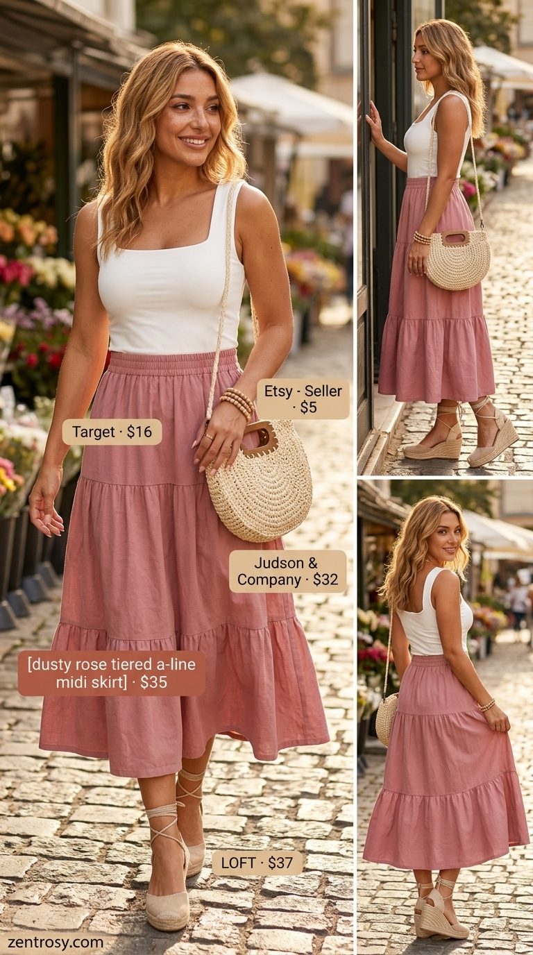 Summer Skirt Outfits for Women 2026 Flattering midsize outfits summer for women 2026: Dusty rose midi skirt, white tank, espadrilles for farmers market.