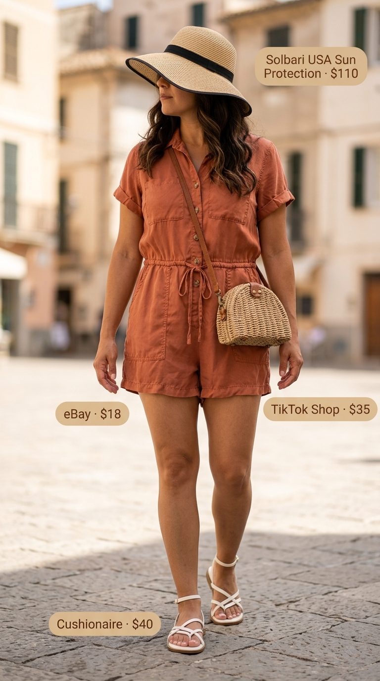 Summer Romper Outfits for Women 2026 Flattering midsize outfits summer for women 2026: Rust orange romper, cream sandals, straw hat for casual day trips.