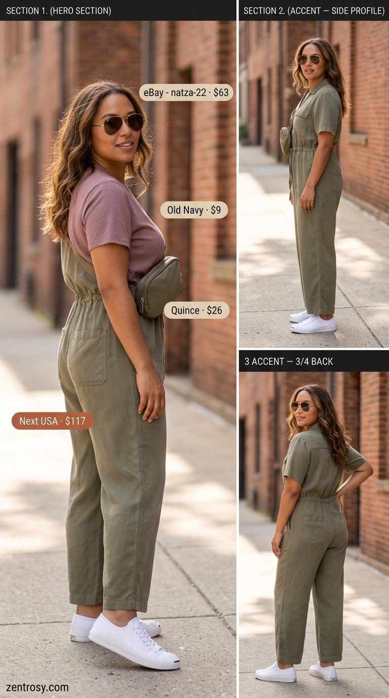Flattering Midsize Outfits Summer 2026: Safari Chic Flattering midsize outfits summer 2026: Khaki utility jumpsuit, belt bag for safari adventures.