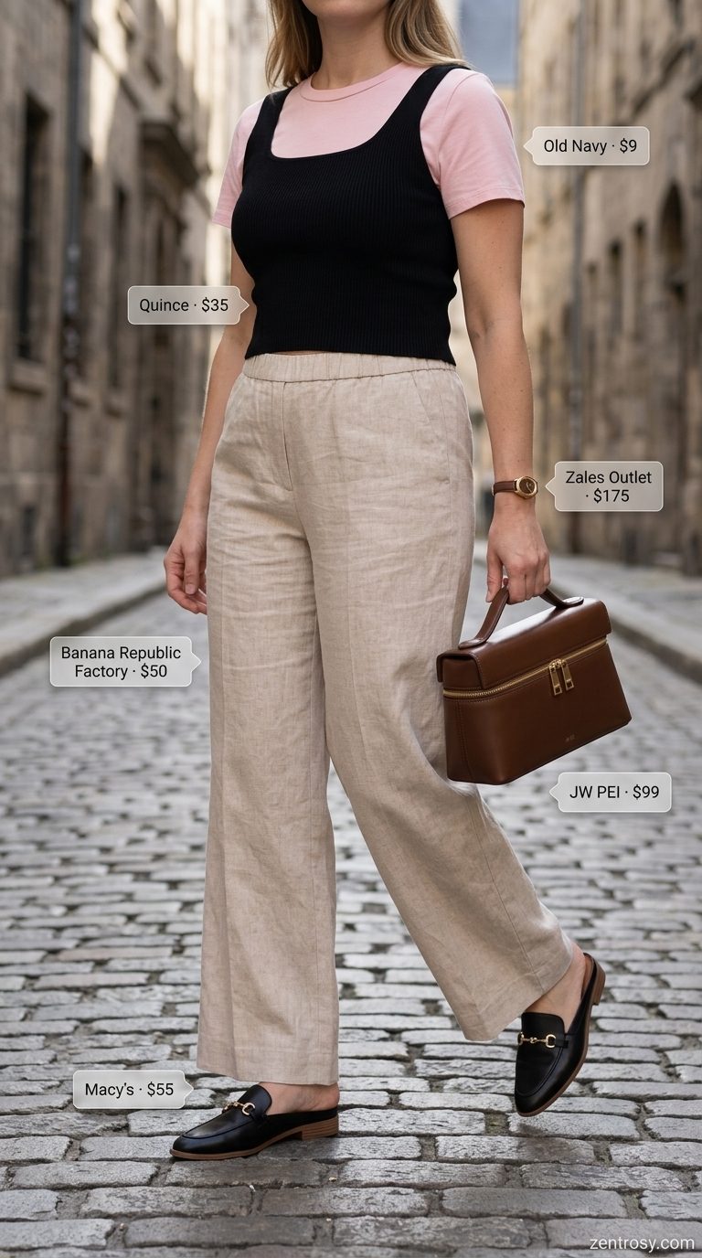 Linen Trousers Outfits for Women 2026 Flattering midsize outfits summer for women 2026: Sand linen trousers, black tank, mules for office casual.