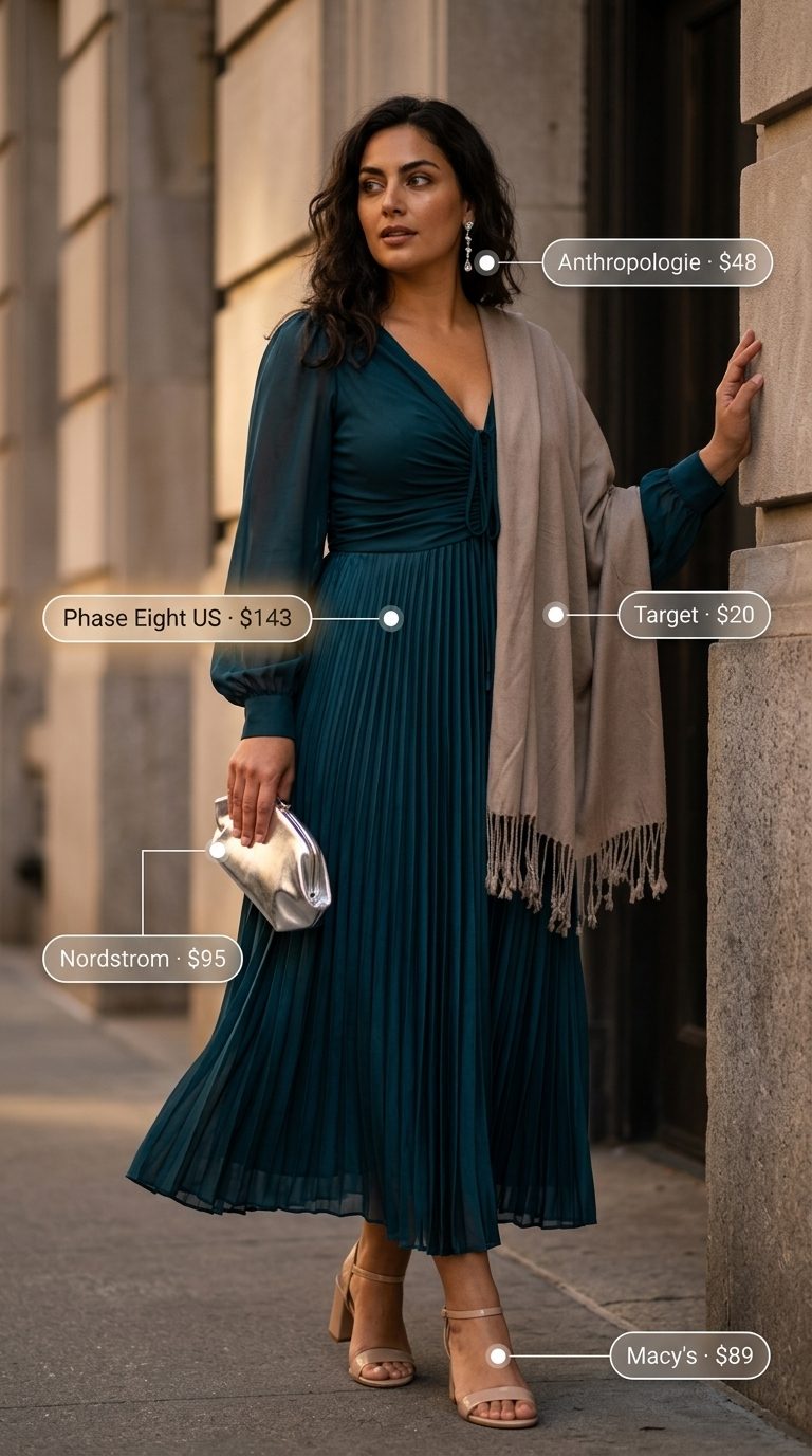 Elegant Midi Dress Outfits for Women 2026 Flattering midsize outfits summer for women 2026: Teal midi dress, nude heels, silver accessories for weddings.