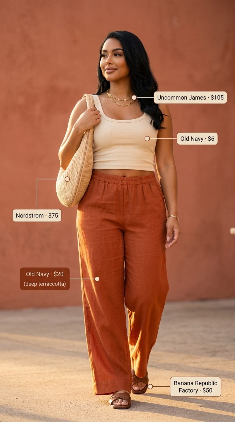 Linen Pants Outfits for Women 2026 Flattering midsize outfits summer for women 2026: Terracotta linen pants, cream tank, straw bag for brunch.