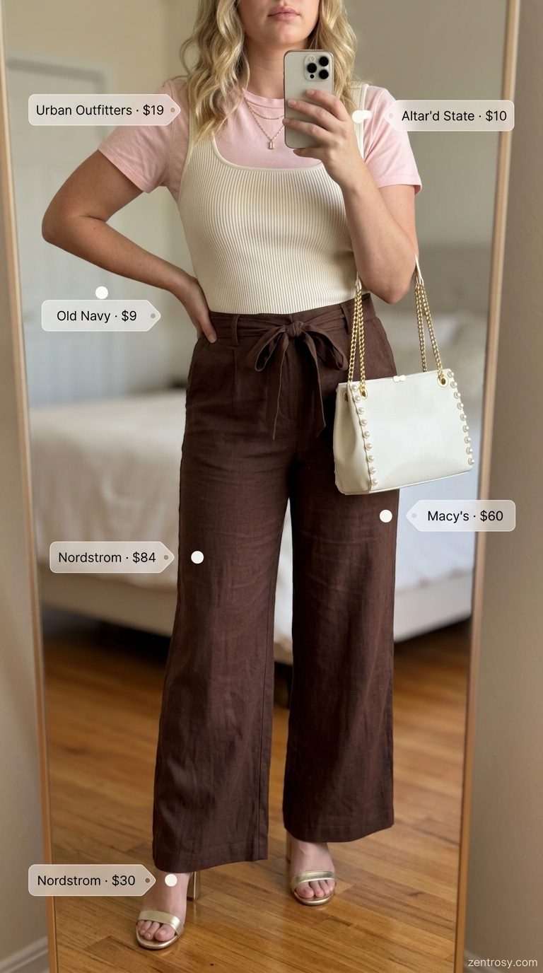 Flattering Midsize Summer Outfits 2026: Terracotta Pants Flattering midsize outfits summer for women 2026: Terracotta linen pants with cream knit top for sophisticated summer evenings.