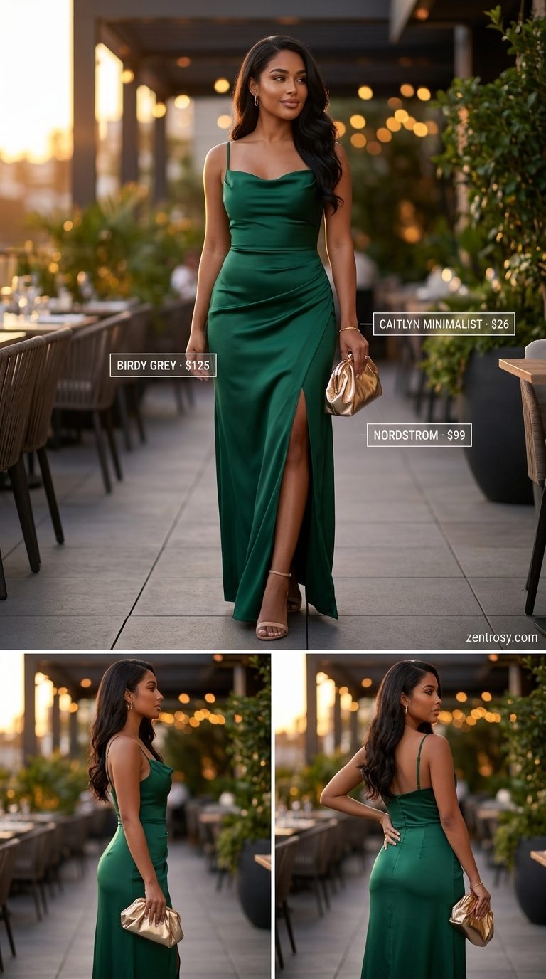 Flattering Midsize Outfits Summer 2026: Tropical Evening Flattering midsize outfits summer 2026: Emerald green slip dress, gold heels for resort evenings.