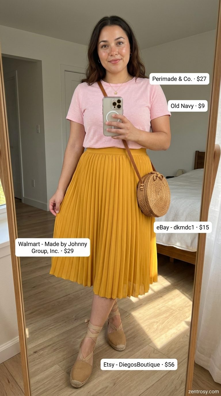 Flattering Midsize Summer Outfits 2026: Yellow Skirt Flattering midsize outfits summer for women 2026: Yellow midi skirt with white tee for a cheerful picnic look.