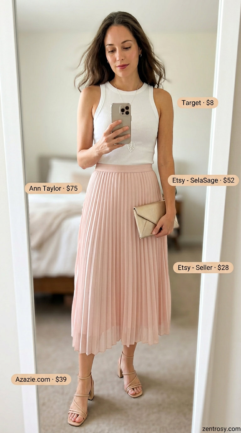 Flattering petite summer outfits 2026: Blush pink pleated midi skirt, white tank for feminine events.