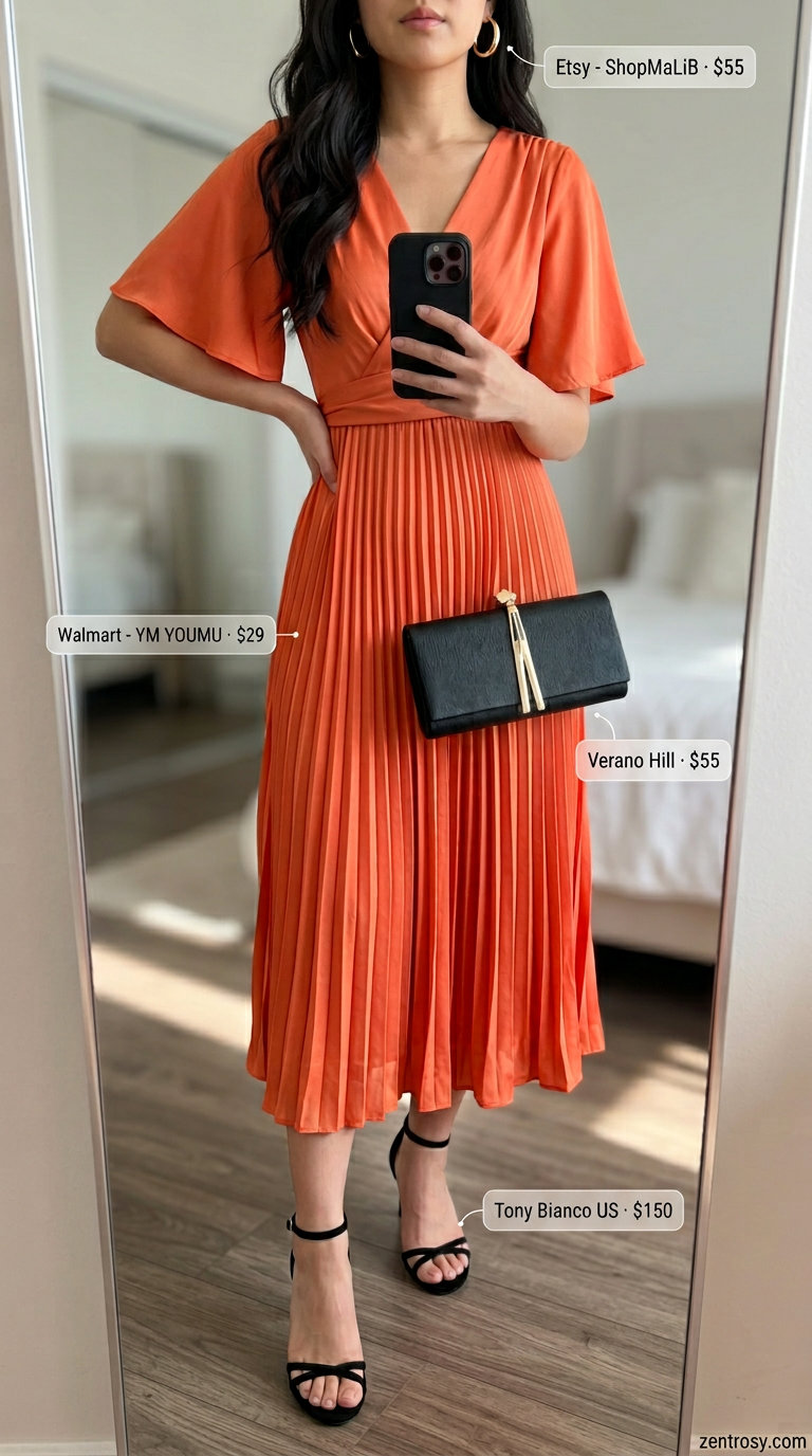 Flattering petite summer outfits 2026: Coral wrap dress, black heels for sophisticated evenings.