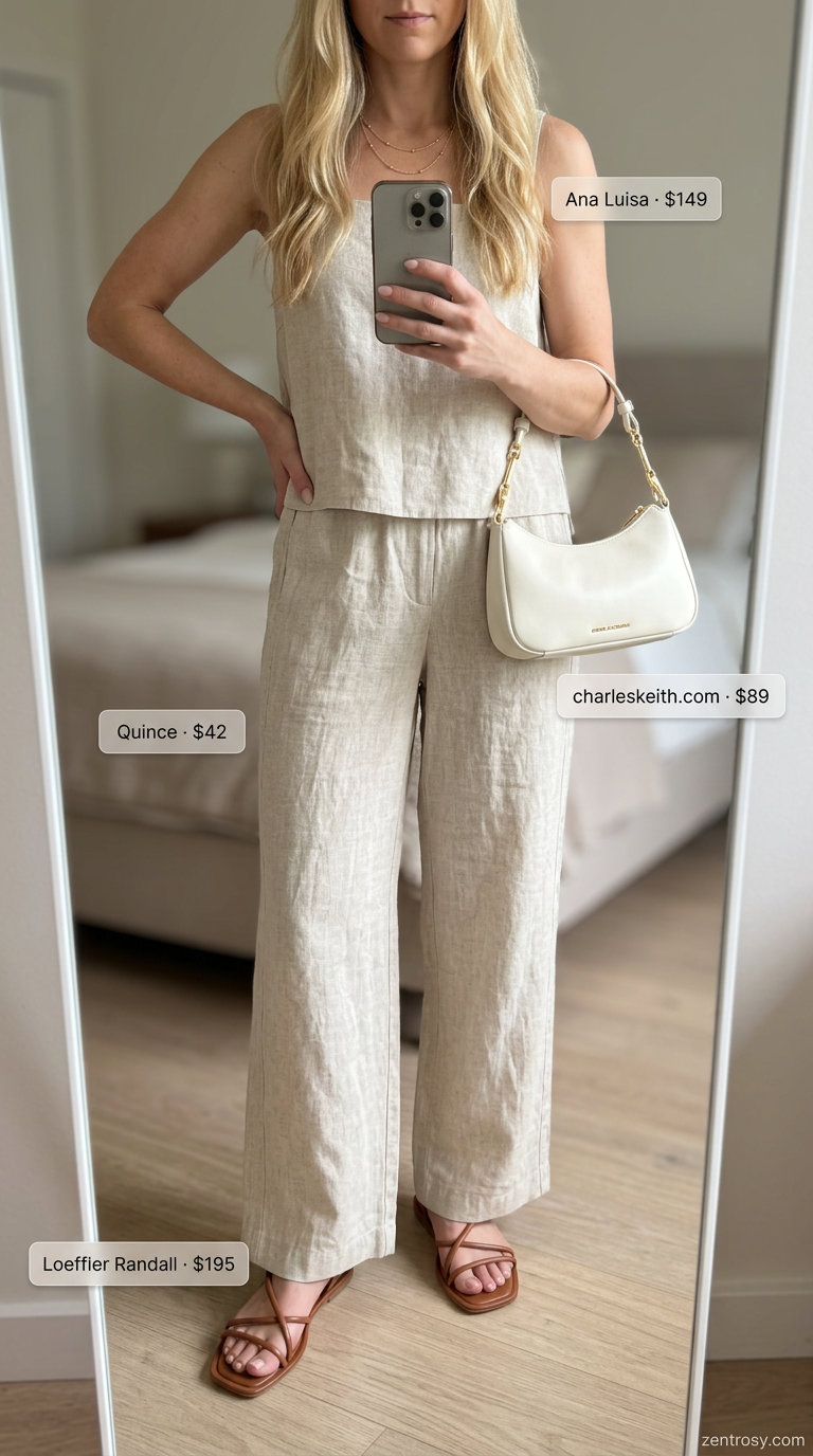 Flattering petite summer outfits 2026: Cream linen set with wide-leg pants for coastal chic.