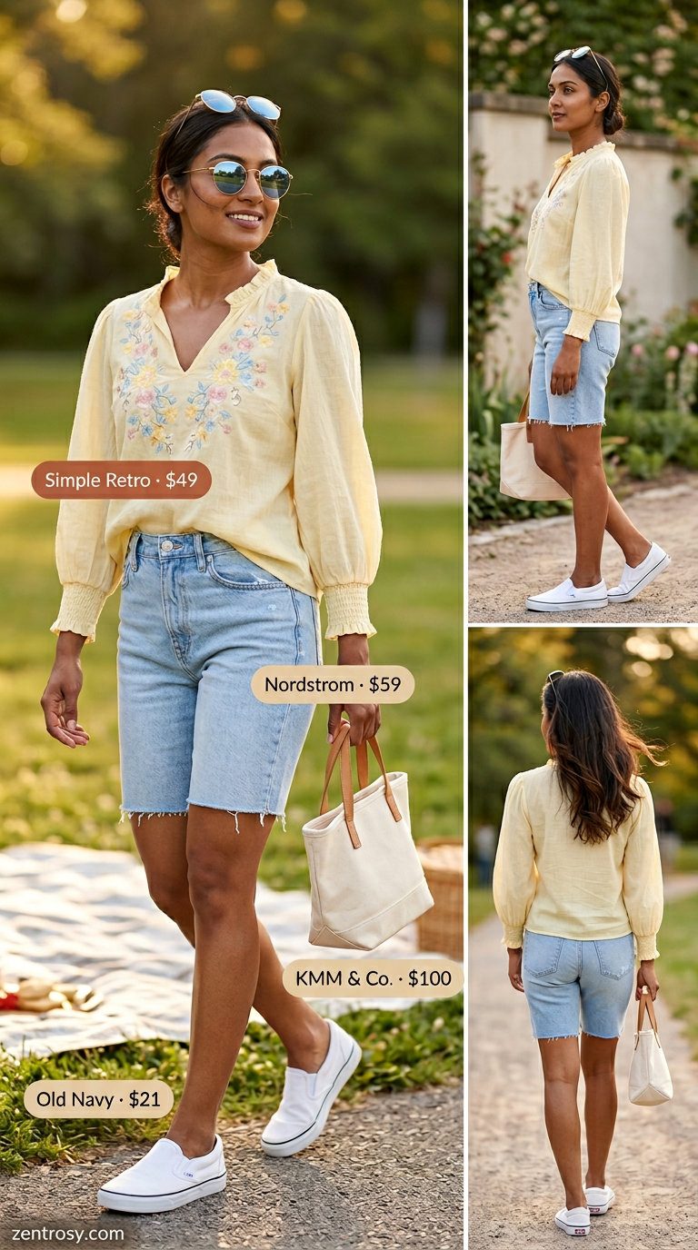 Flattering petite summer outfits 2026: Denim shorts, floral peasant blouse for picnic. Casual and fun.