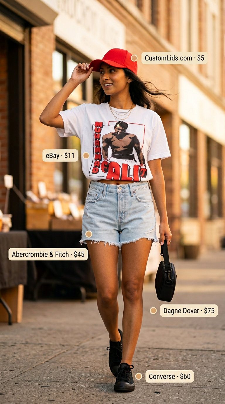 Denim shorts and graphic tee for flattering petite summer outfits 2026. Relaxed sporty casual look.