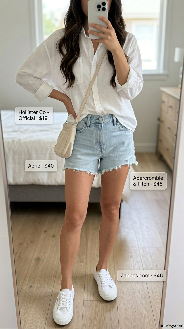 Flattering petite summer outfits 2026: Denim shorts, oversized linen shirt for casual weekend.