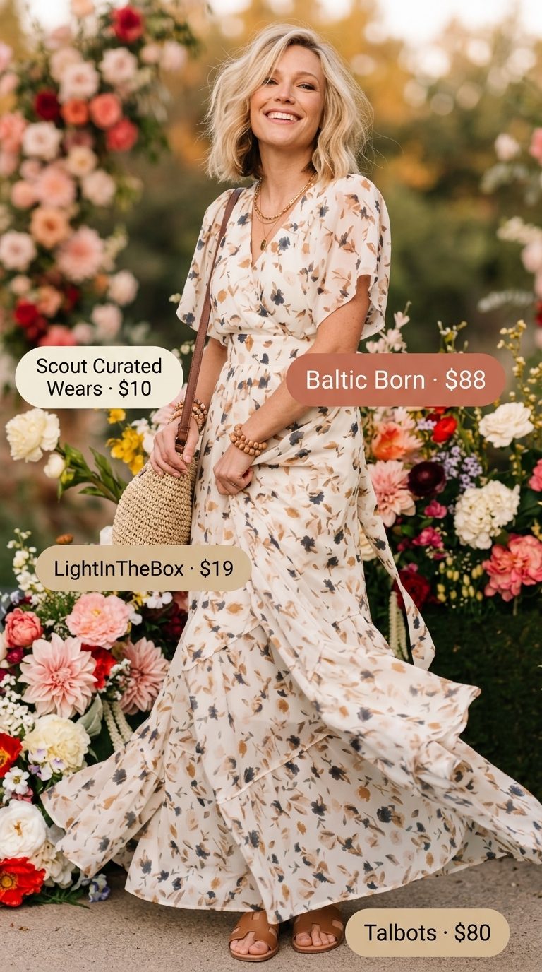 Floral maxi dress for flattering petite summer outfits 2026. Bohemian style for vacations or festivals.
